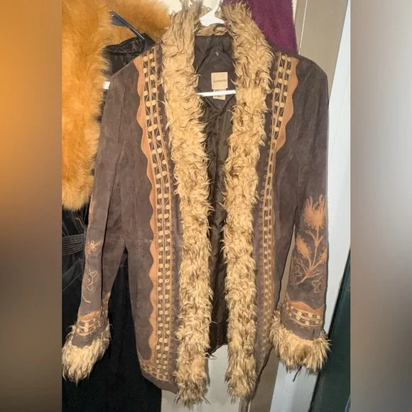 Penny Lane Massini Brown Embroidered suede, leather vintage Jacket with Faux Fur - Picture 15 of 16